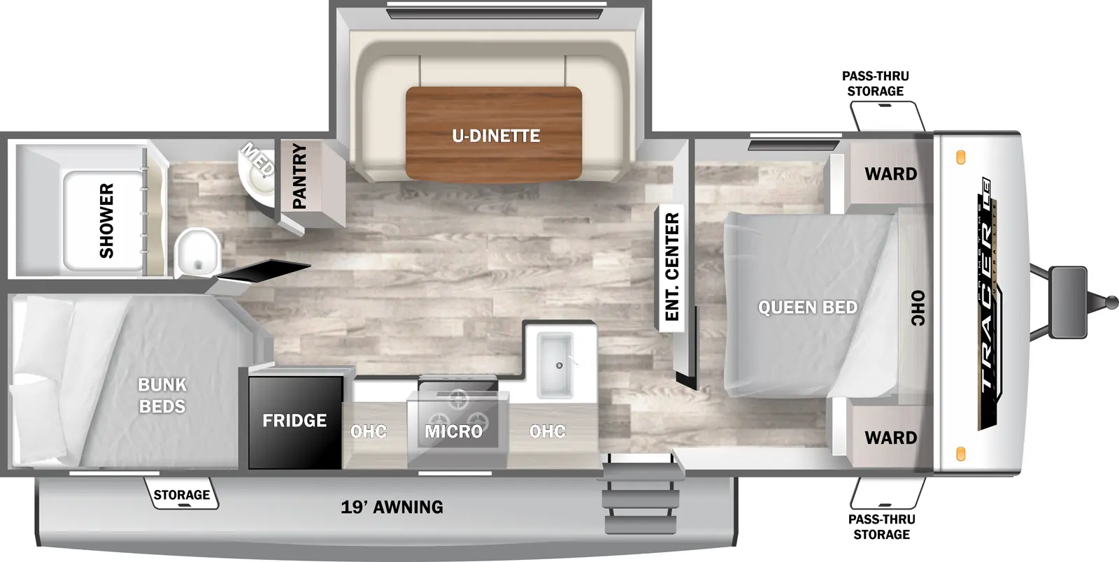 The 240BHSLE has one slideout and one entry. Exterior features front passthrough storage, 19 foot awning, and rear storage. Interior layout front to back: foot-facing queen bed with overhead cabinet and wardrobes on each side; entertainment center along inner wall; off-door side u-dinette slideout; entry, peninsula kitchen counter with sink wraps to door side with overhead cabinet, microwave, cooktop, and refrigerator; rear off-door side pantry and full bathroom with medicine cabinet; rear door side bunk beds.